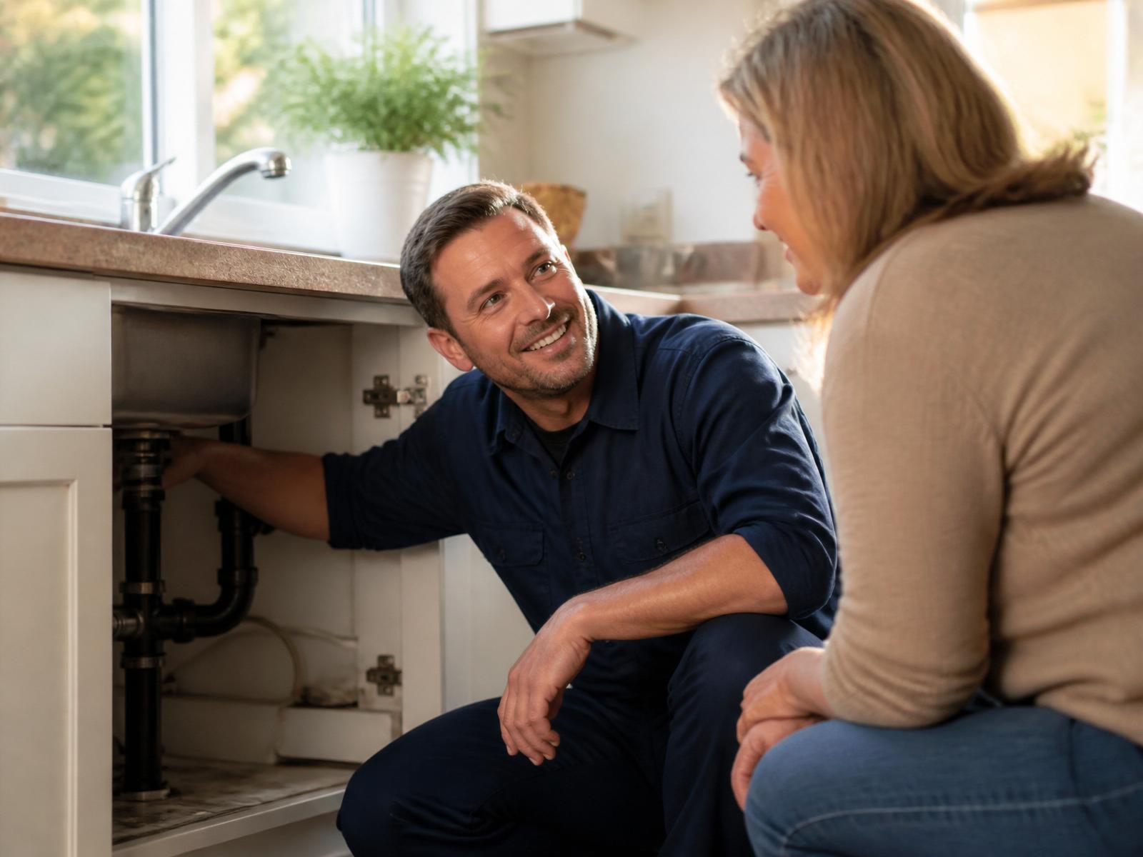 Friendly licensed plumber helping a grateful homeowner in her kitchen